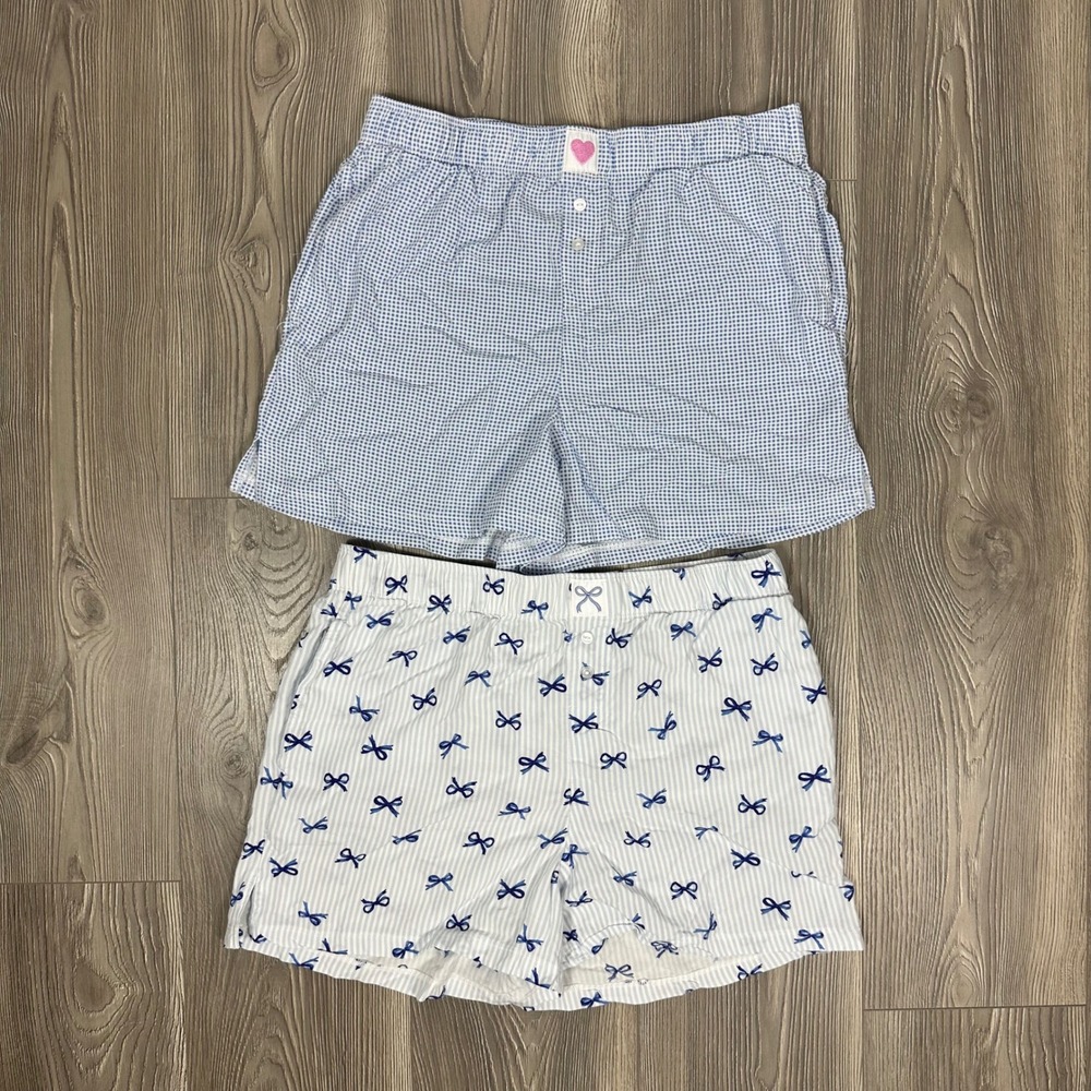 Jaclyn New York Blue Boxer Sleep Short Set - SIZE M Bows Stripes Gingham Pajamas